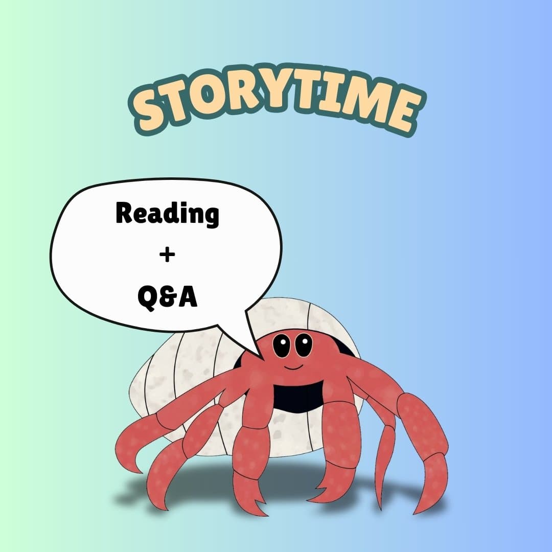 Storytime author visit illustration featuring Ria the hermit crab and a reading and questions speech bubble